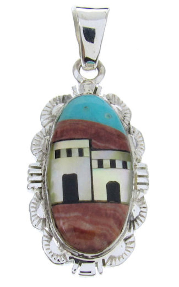 Silver Multicolor Native American Village Design Pendant YS69782